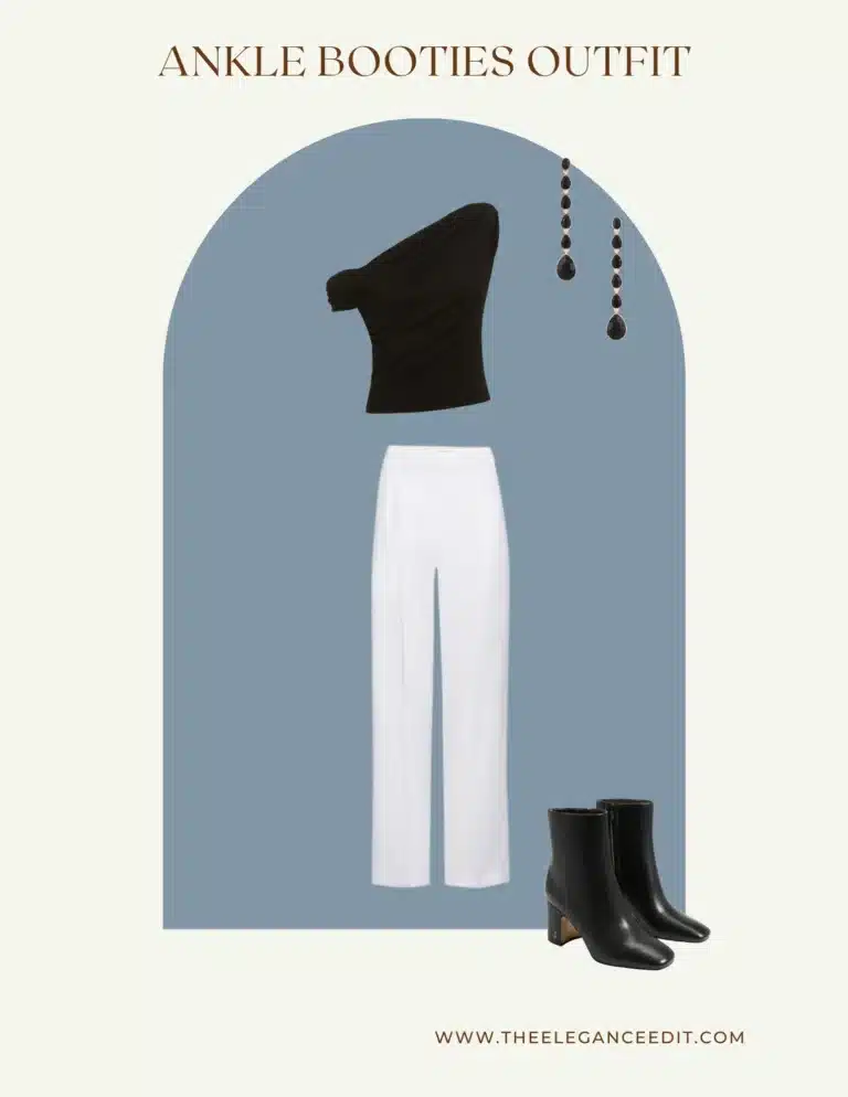 Ankle Booties capsule wardrobe shoes outfit with black off shoulder top and white pants