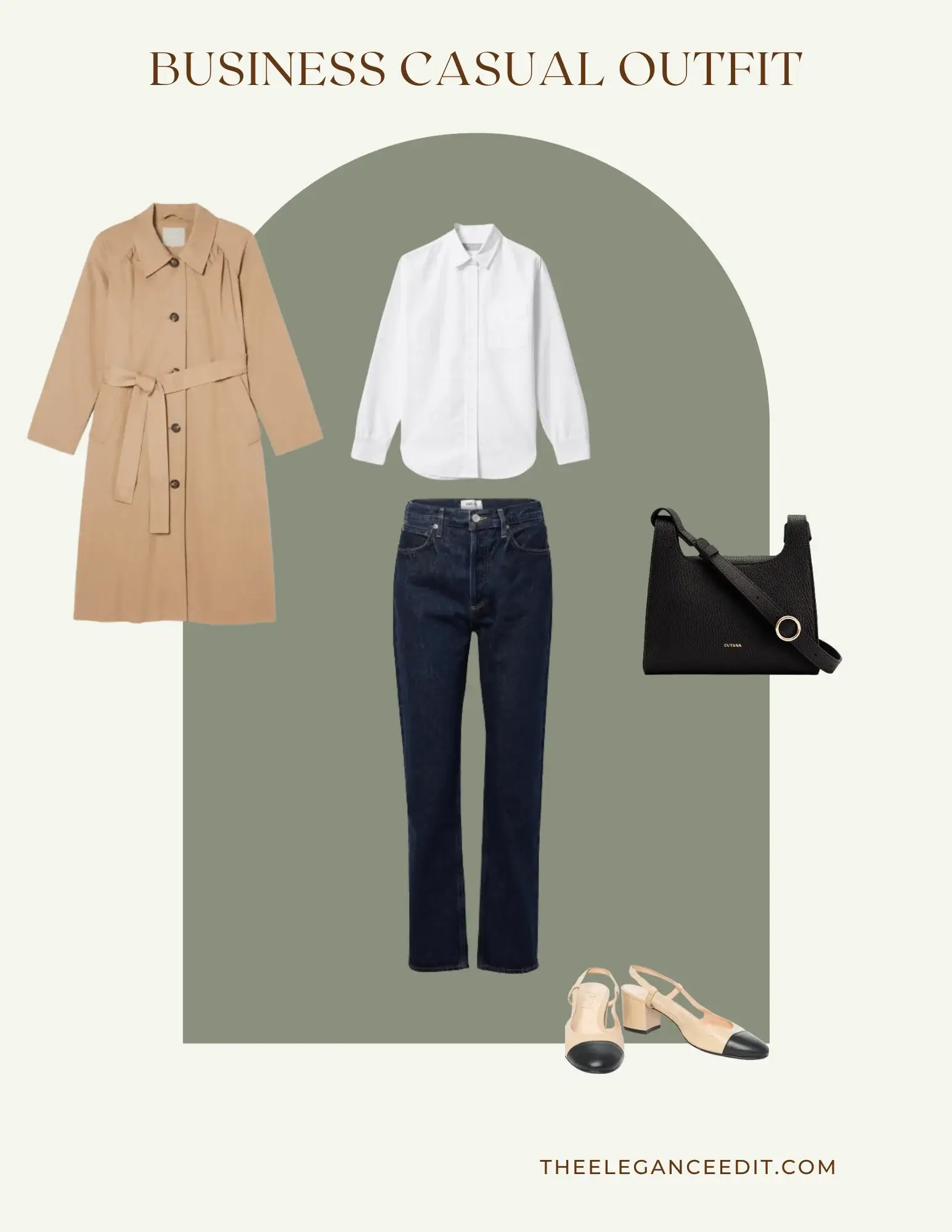 jeans with trench coat and oxford shirt business casual outfit