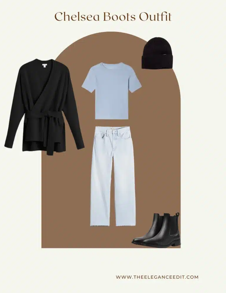 Chelsea Boots Outfit with light denim jeans and black cardigan