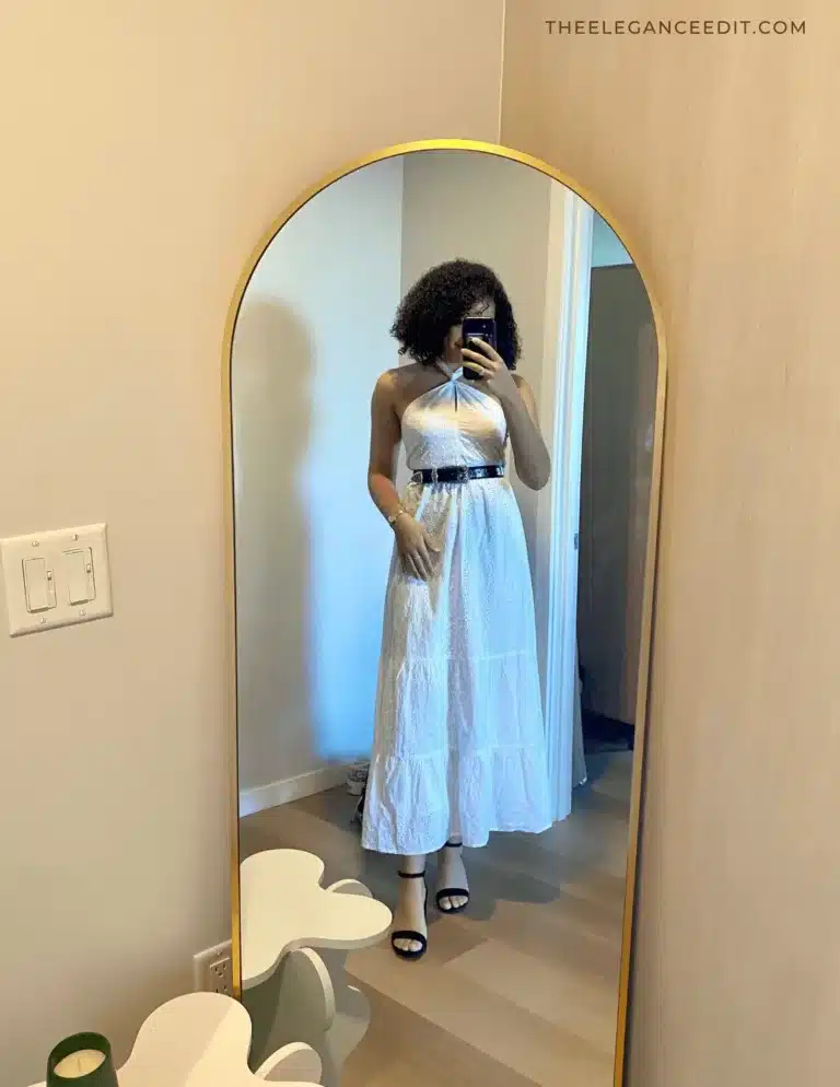 woman in classic black high heels and white dress
