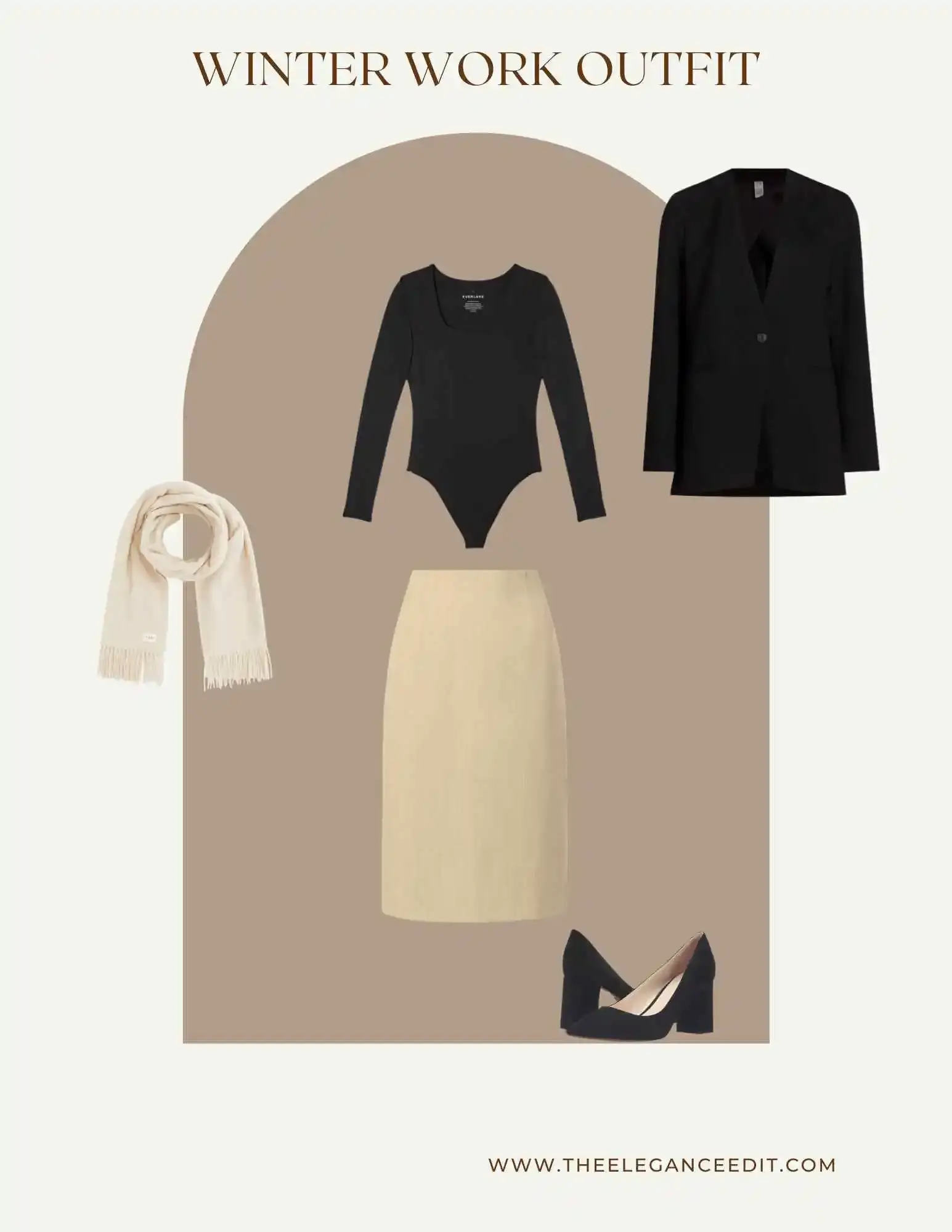 winter professional work outfit with blazer and scarf