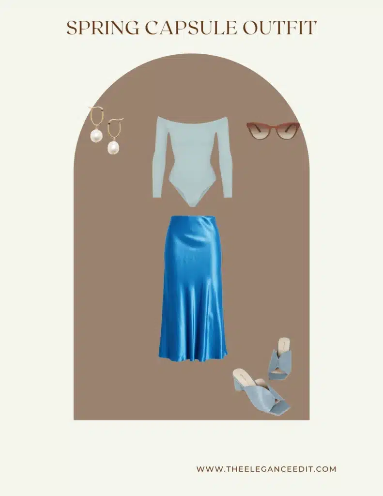 monochrome colorful spring look with blue silk skirt and off the shoulder blue top