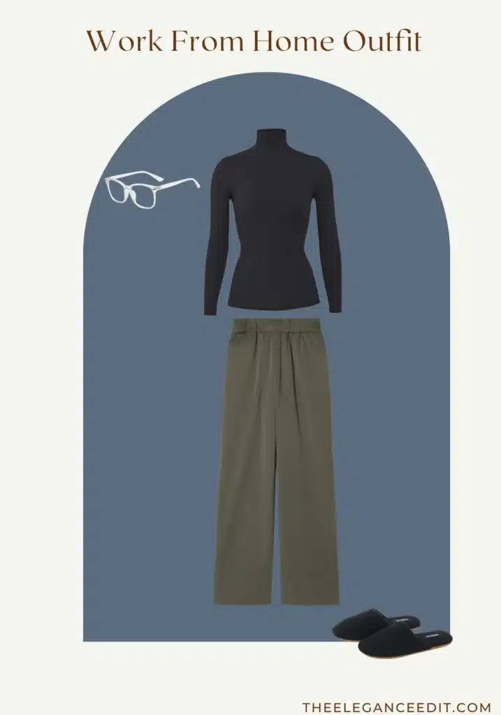 winter work from home outfit with elastic waist pants and black turtleneck