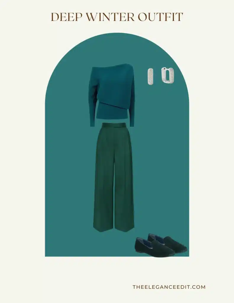 Deep Winter Office Outfit with teal sweater and silver earrings with hunter green pants