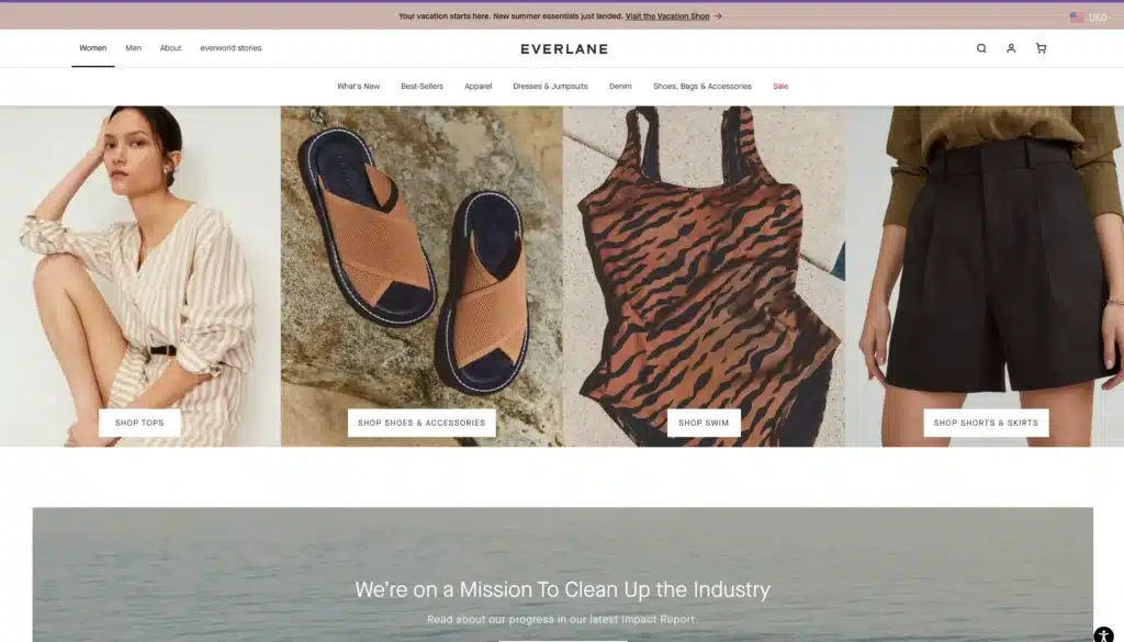 Everlane ethically made clothing featuring shop tabs for shoes, tops, and shorts