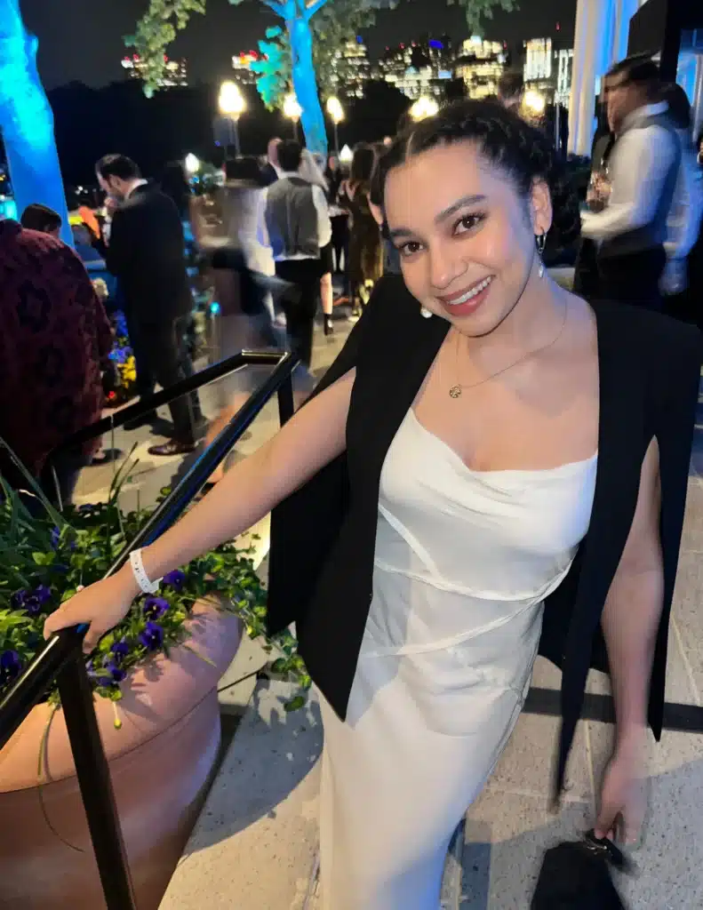 woman in silk dress and blazer