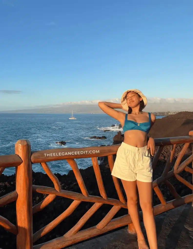 hawaii outfit with linen shorts, bikini, and bucket hat