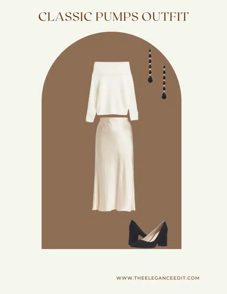 classic pumps outfit with silk midi skirt and off shoulder sweater