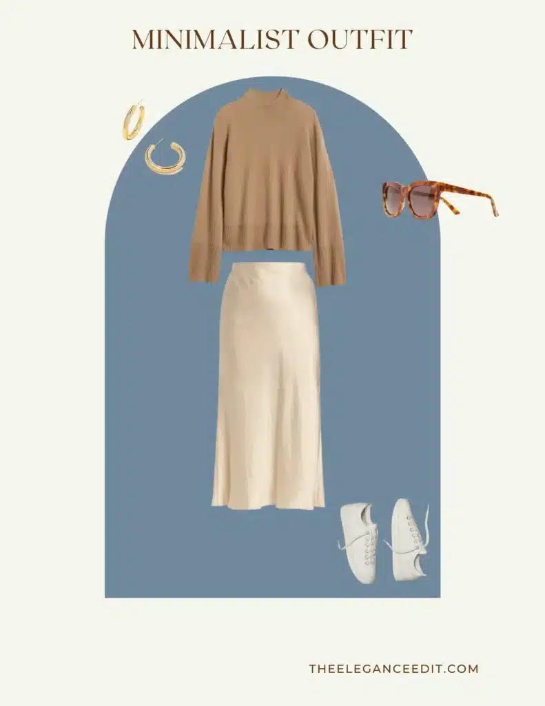 silk skirt and bell sleeve sweater minimalist outfit