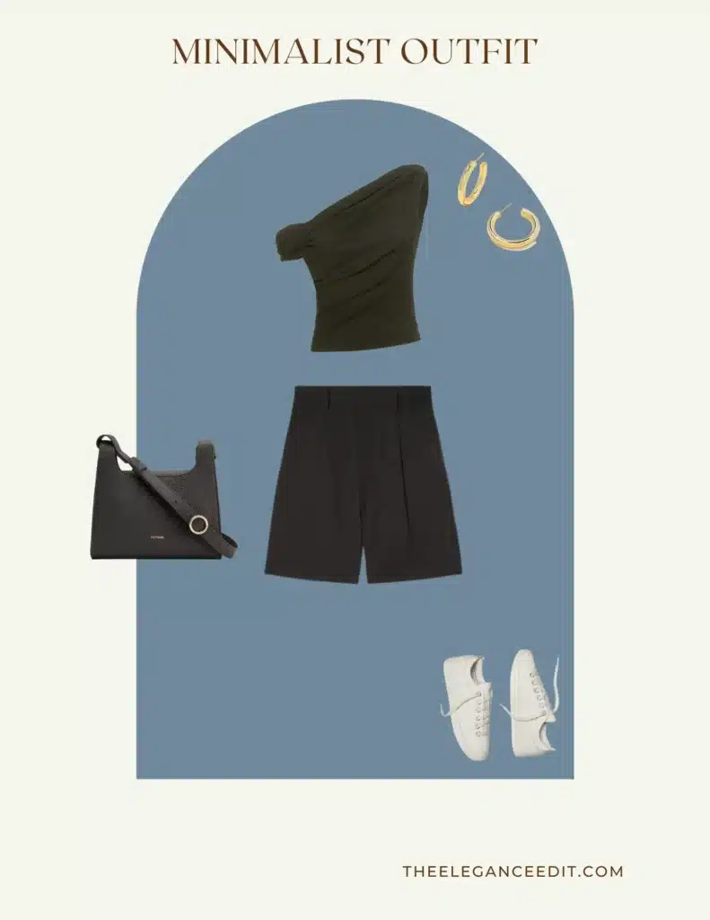 minimalist capsule wardrobe summer outfit featuring off the shoulder top and linen shorts