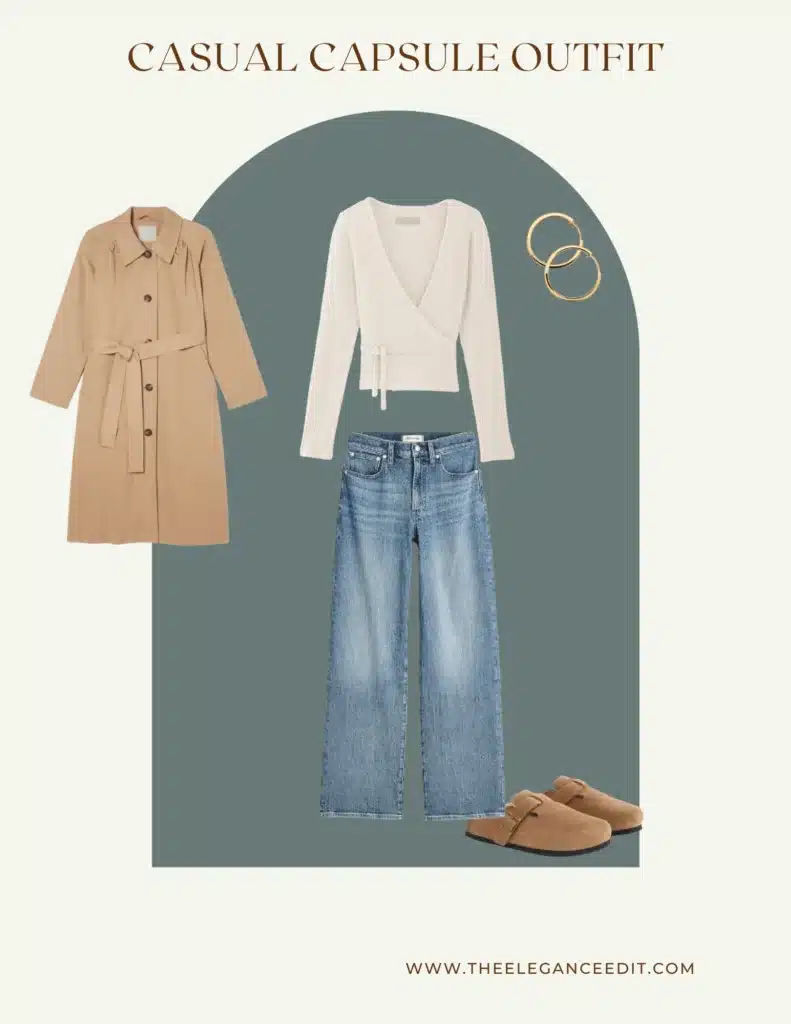 Neutral Casual Capsule Outfit With Wide Leg Jeans , a Trench Coat, and Wrap Sweater