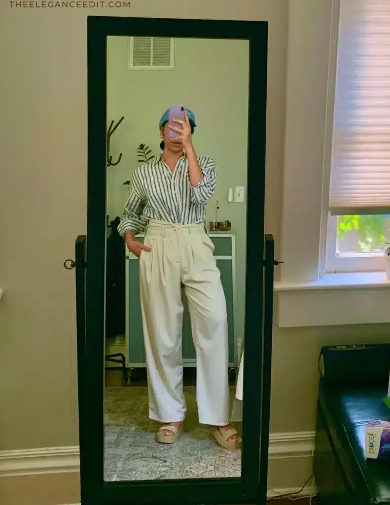 Petite Summer Outfit with wide leg trousers and striped shirt