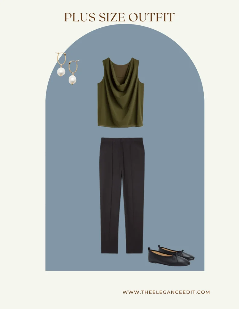 office outfit plus size with cowl neck blouse and trousers