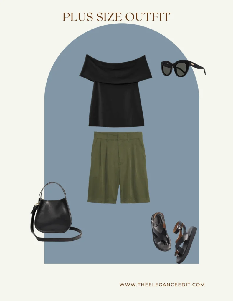 plus size summer outfit idea with linen shorts and off the shoulder top
