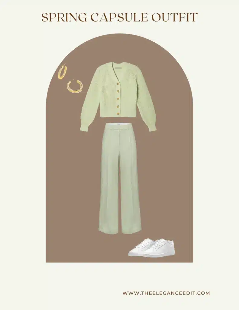 colorful capsule wardrobe outfit for spring with green trousers and green cardigan