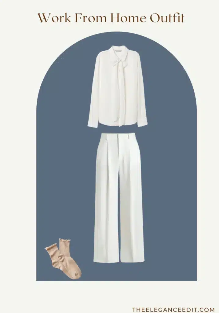 Chic work from home outfit with dressy blouse and wide leg trousers