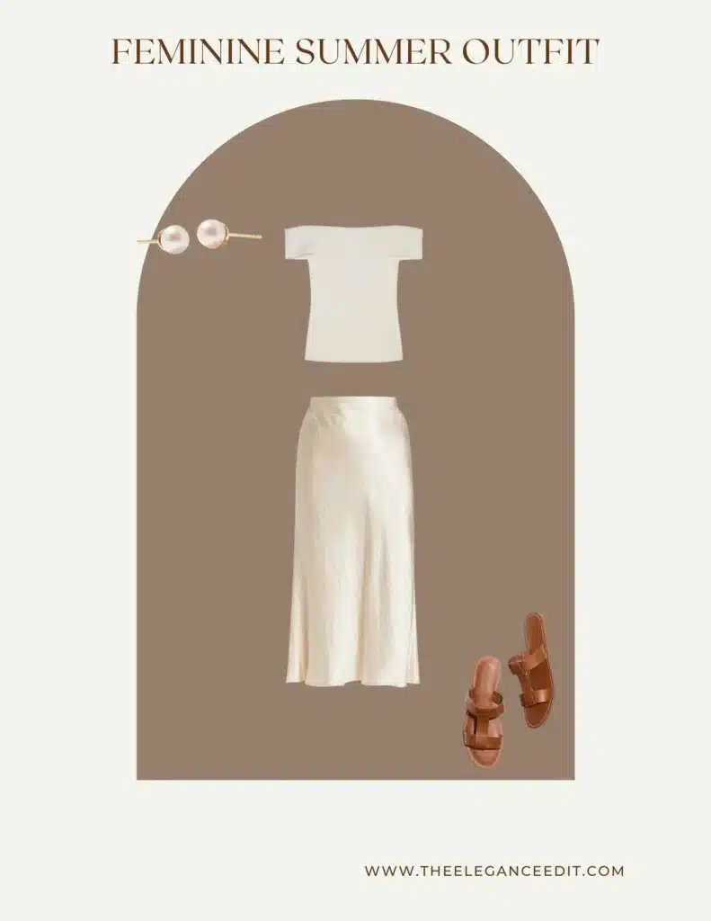 feminine summer outfit with sandals and silk midi skirt