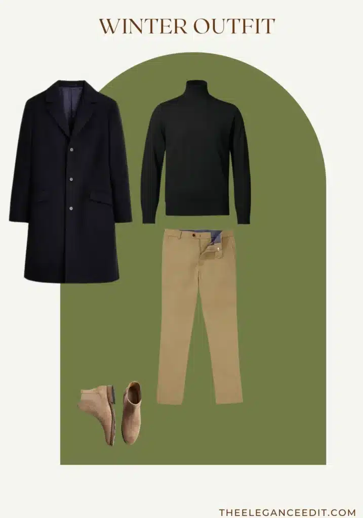 Turtleneck and chinos outfit for mens capsule wardrobe