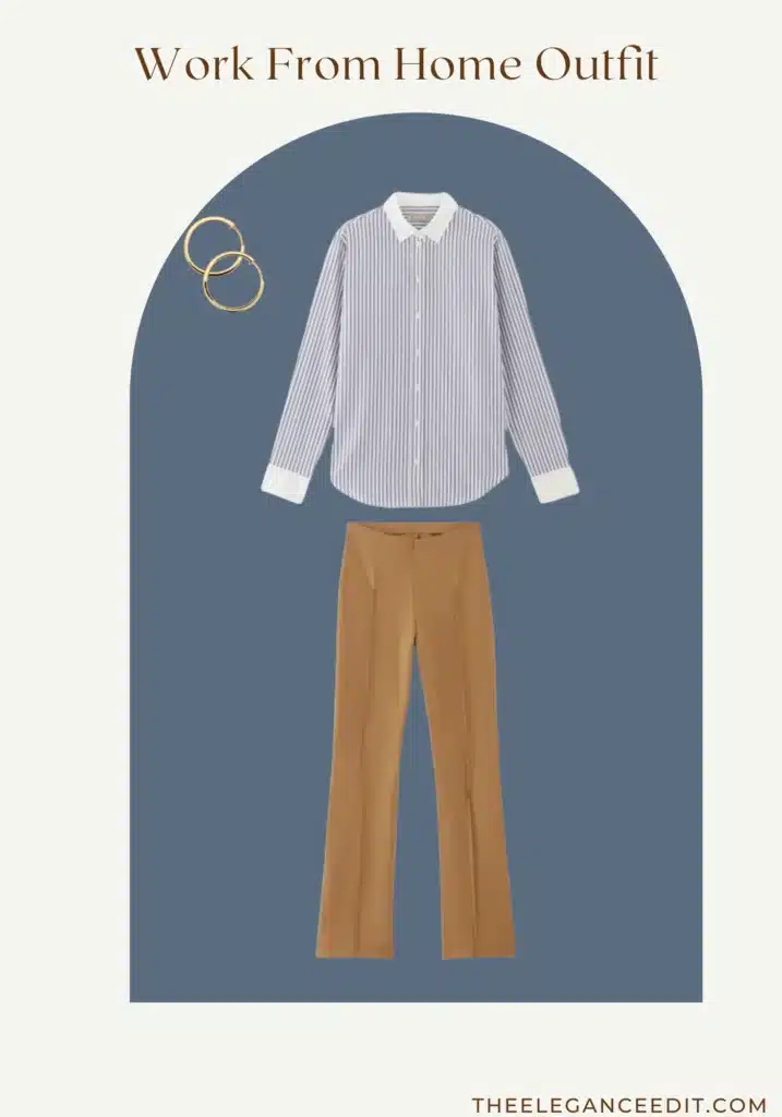 classy work from home outfit with button down top and kick flare pants