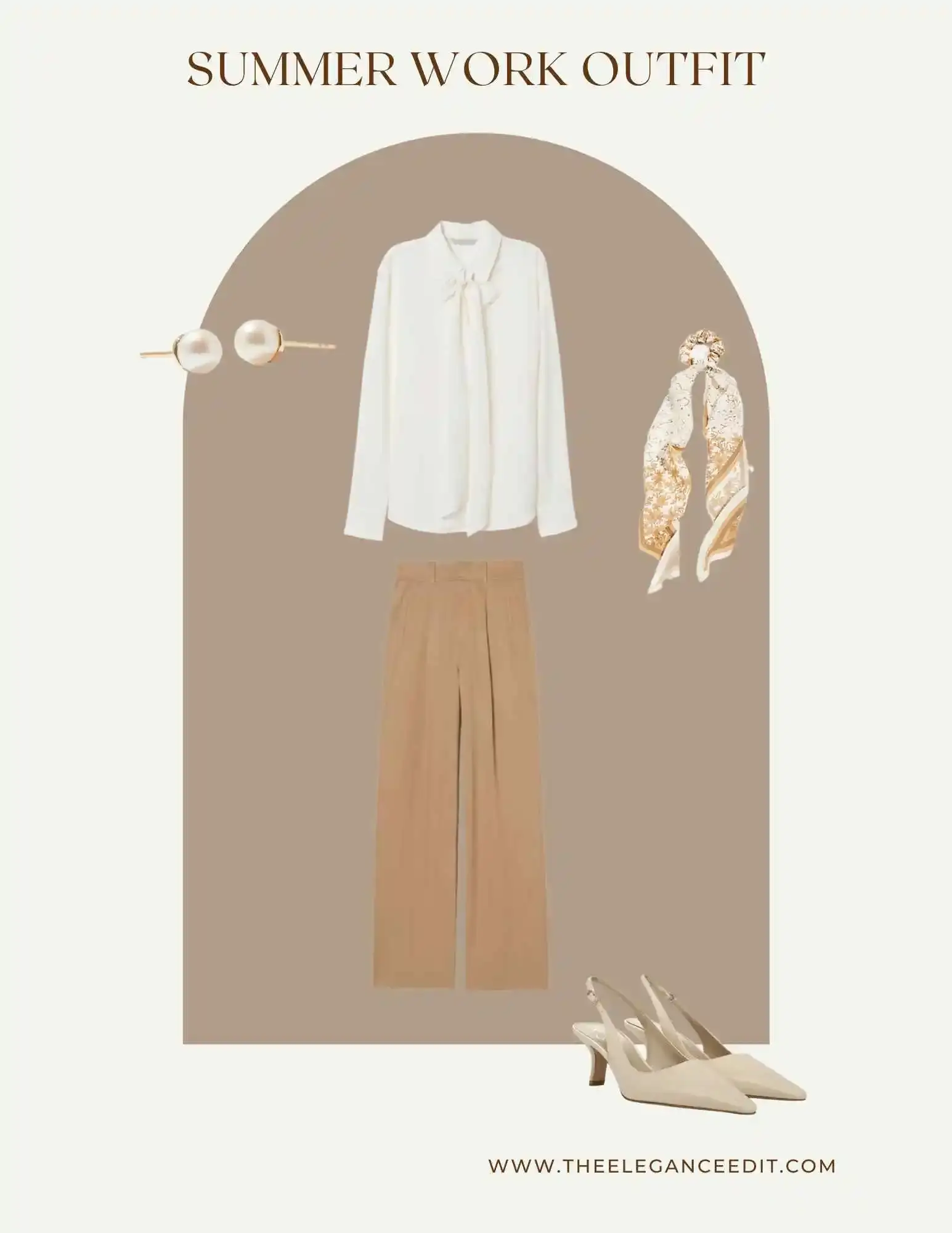 summer work outfit with light blouse and slingback heels