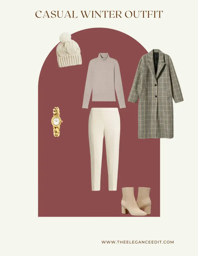 Monochrome winter outfit turtleneck, trousers, and boots