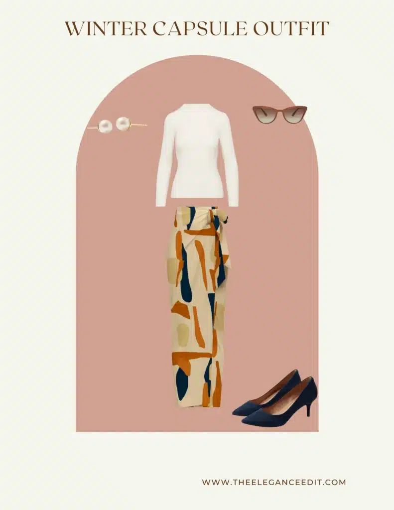 Winter Date Night Colorful Outfit with printed skirt and blue heels