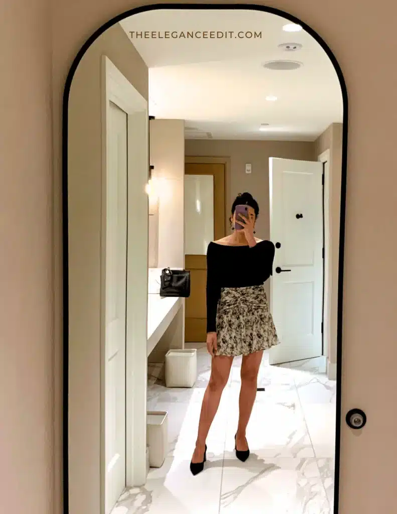 petite date night outfit with off the shoulder top and pointed heels