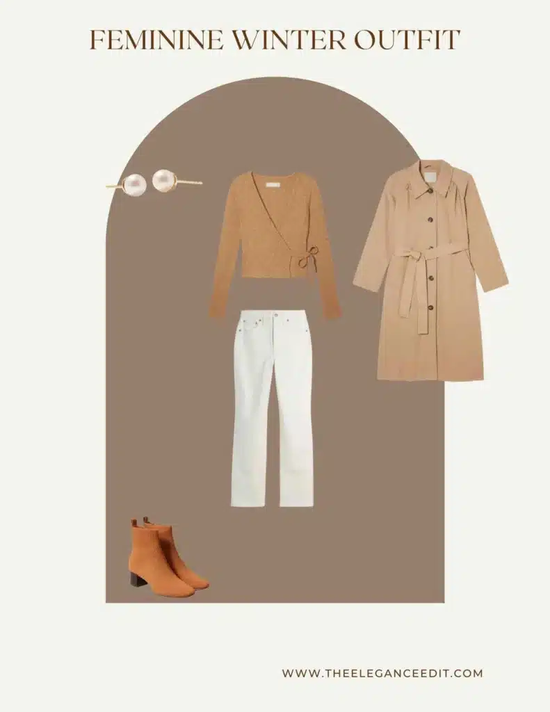 winter feminine outfit with boots and trench coat