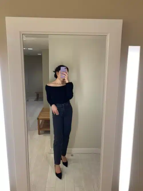 elegant outfit idea with black heels and boat neck shirt