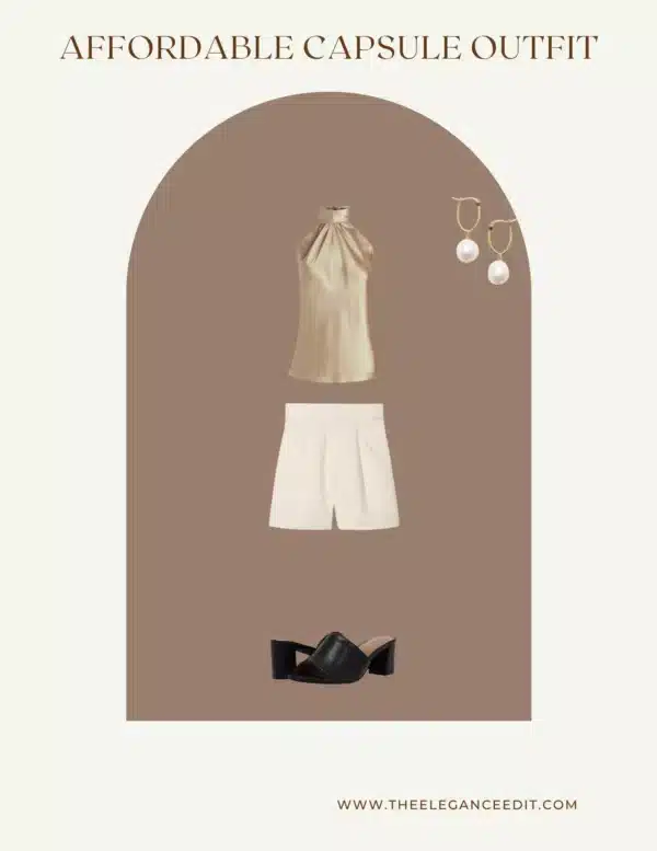 budget capsule wardrobe outfit with silk halter blouse and linen shorts