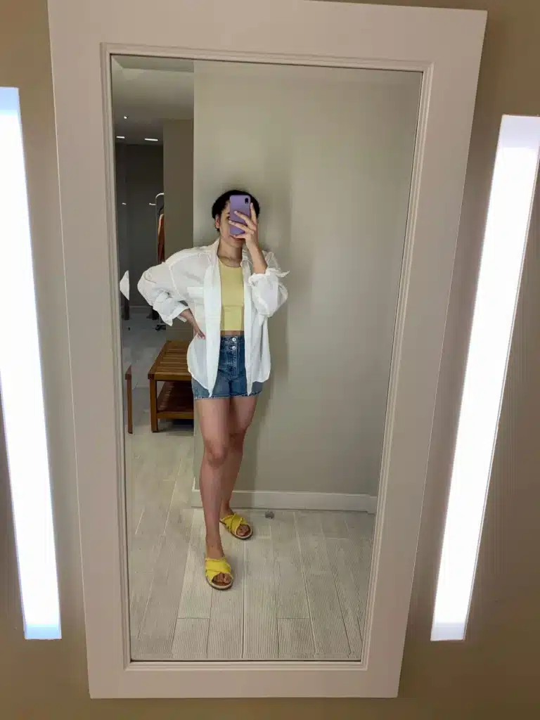 casual summer outfit jean shorts and yellow tank top