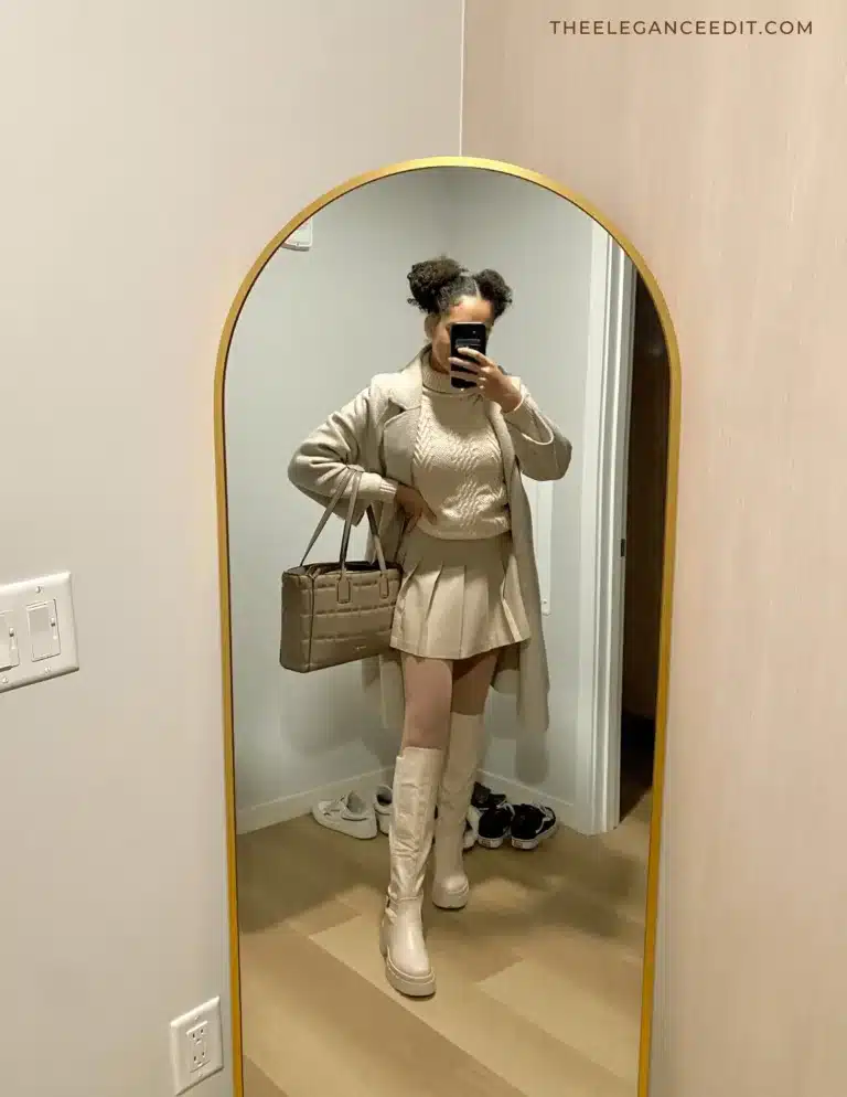 knee high boots outfit idea with neutral coat and mini skirt