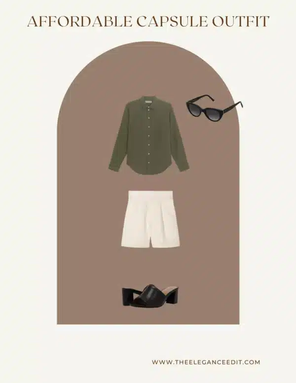 affordable summer capsule outfit with linen shorts and oxford shirt