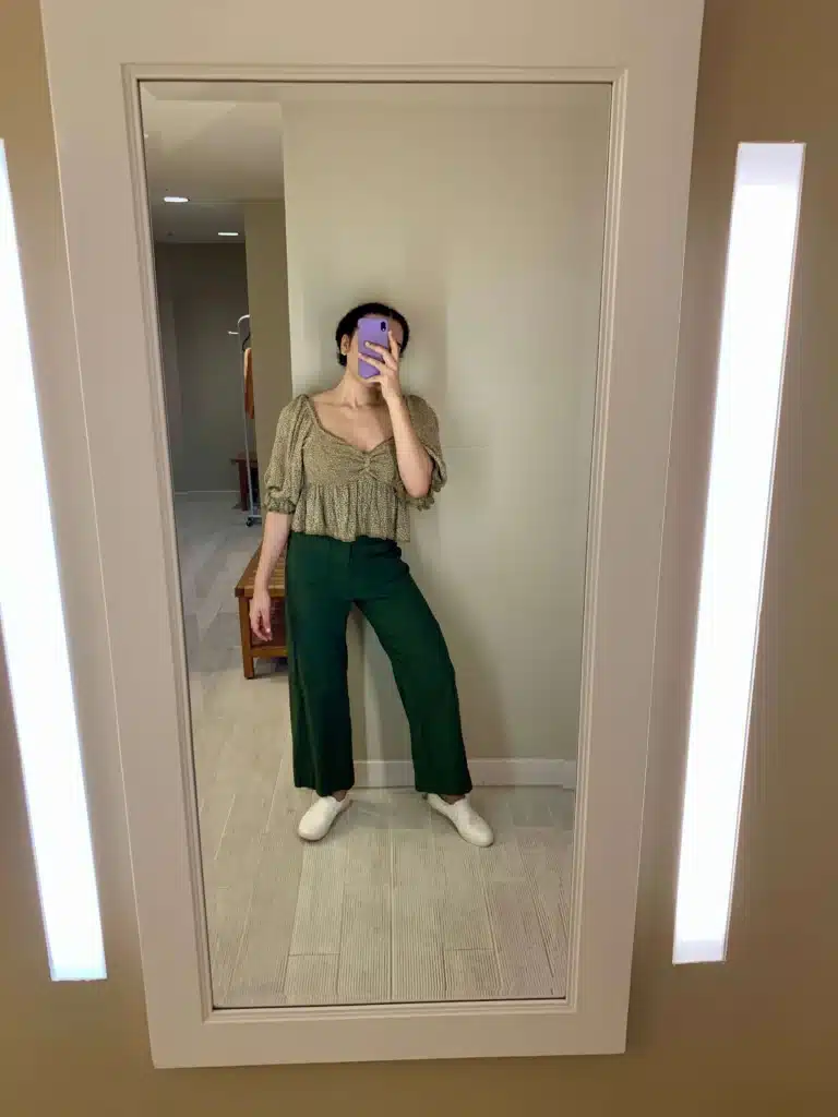 floral shirt and green wide leg pants