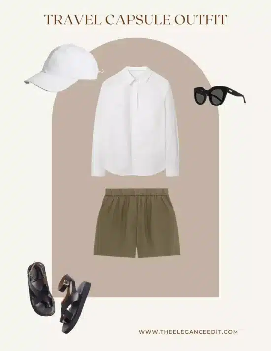 travel wardrobe outfit with linen shorts and baseball cap
