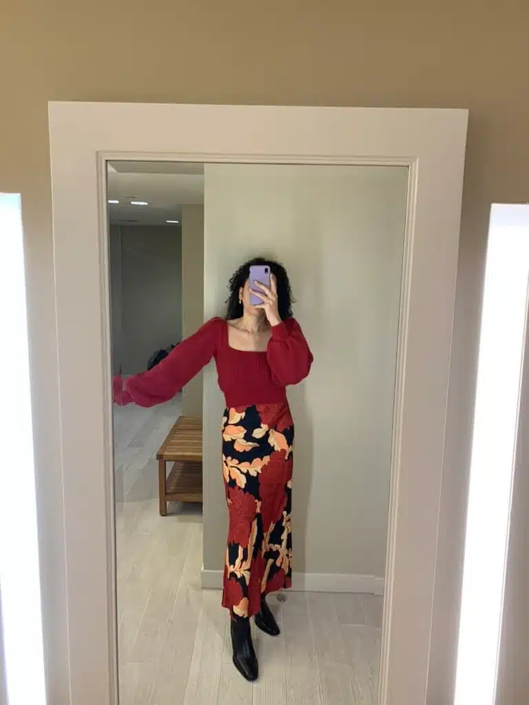 winter feminine outfit maxi skirt and red sweater