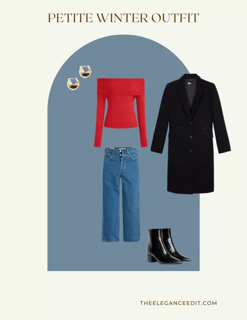 Petite Winter Outfit with off shoulder sweater coat and high waisted jeans