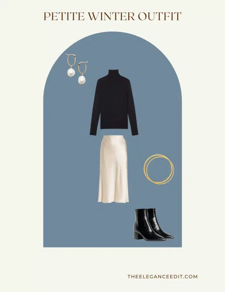 Petite Winter Outfit Idea with turtleneck and midi skirt