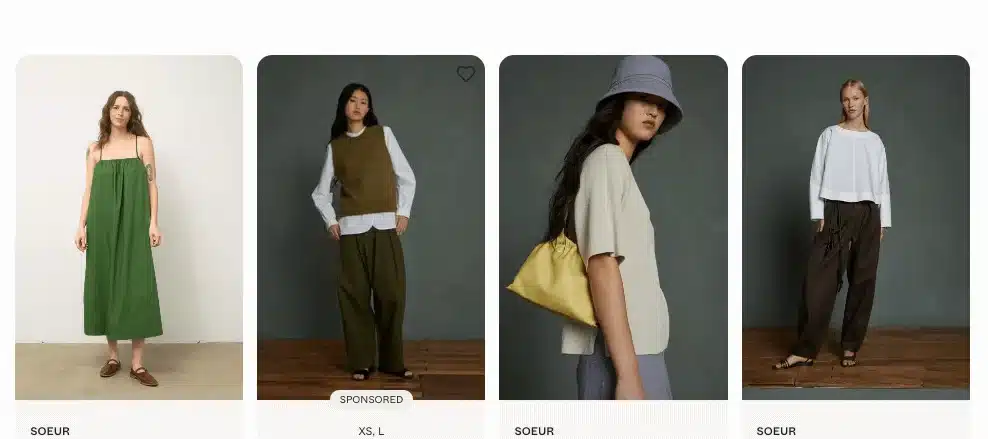 SOEUR french clothing brand showing womens dress, bag, and sweater vest