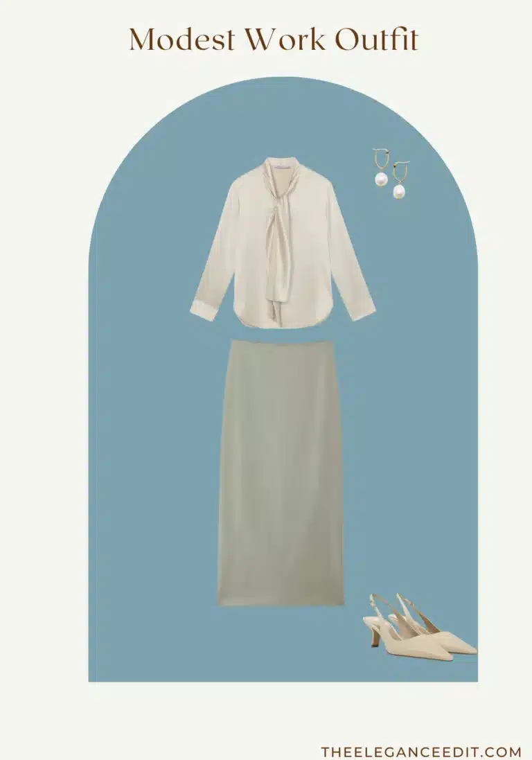 Modest Office Outfit for Summer with silk blouse and pencil skirt