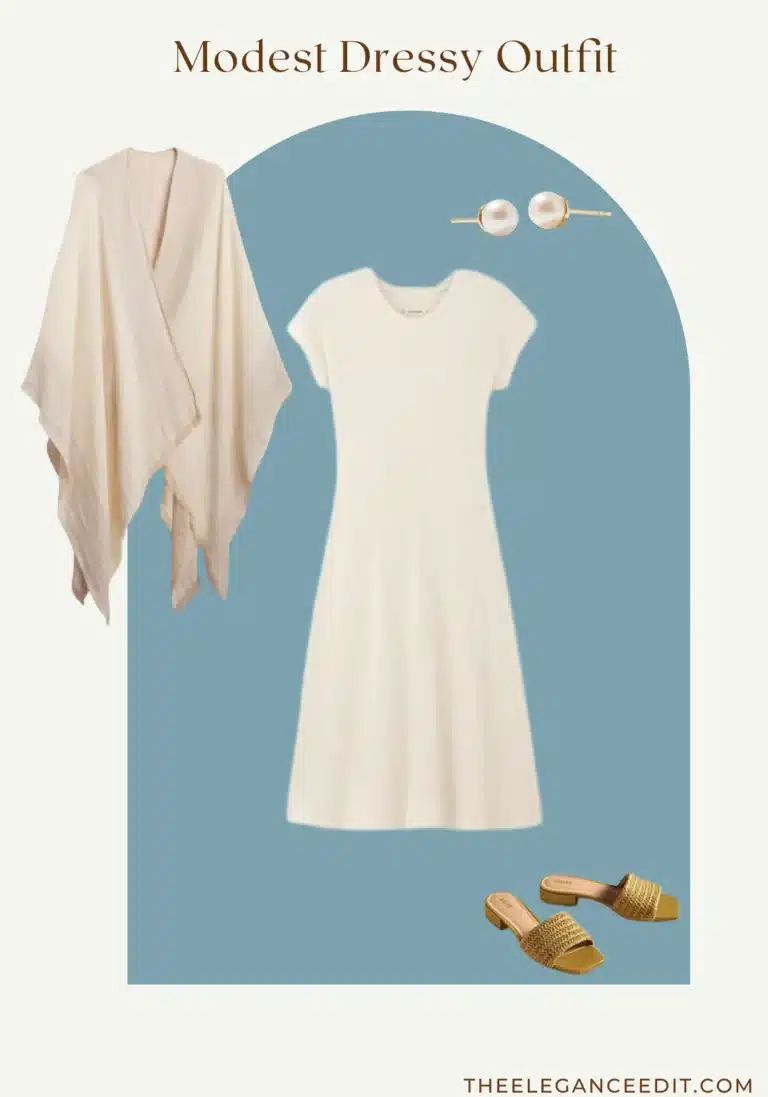 conservative summer outfit with linen poncho and midi dress
