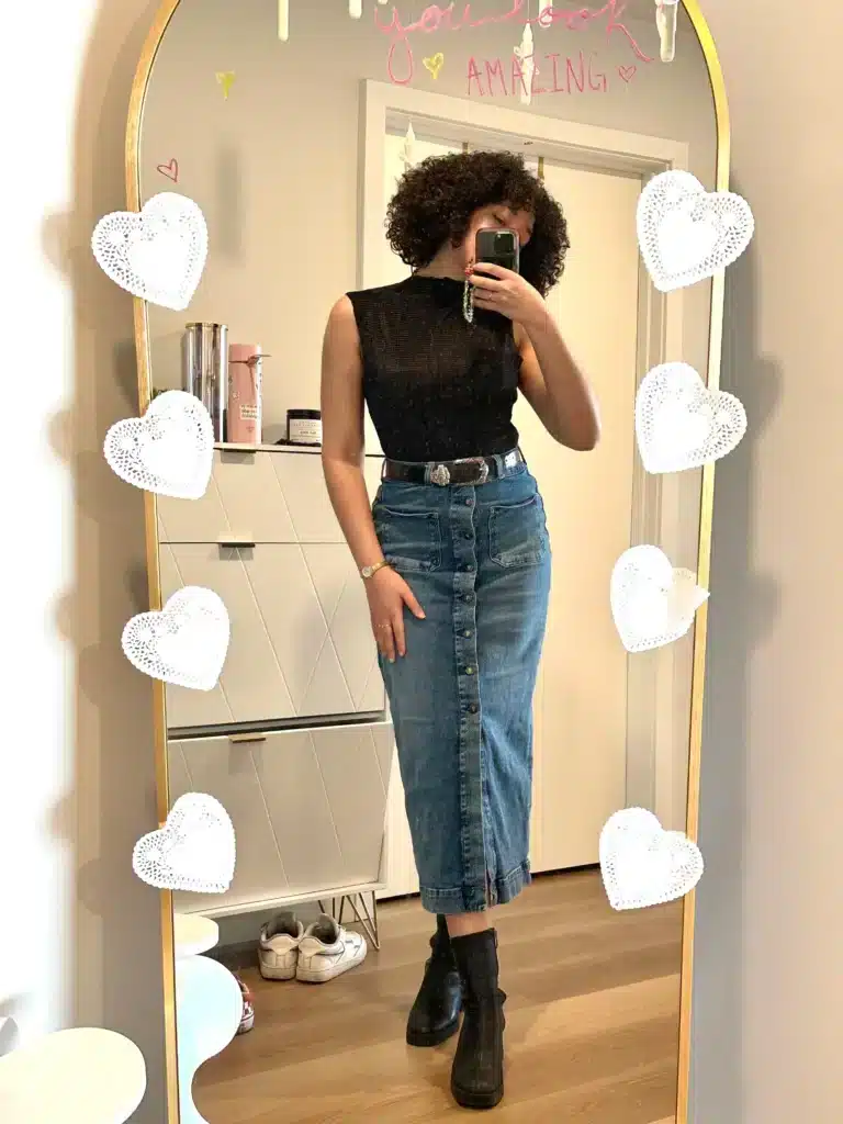 woman in denim maxi skirt nuuly rental