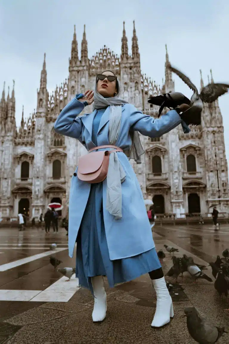 hijab woman in all blue outfit ft, modest trench coat and maxi skirt