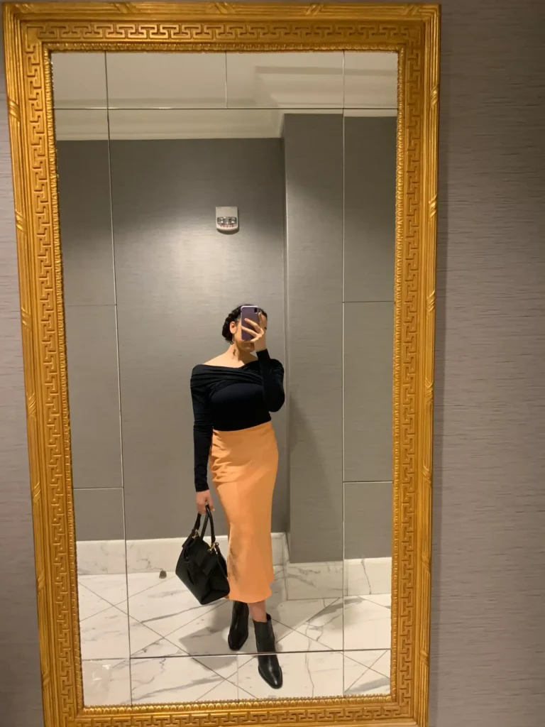 modest outfit idea with silk midi skirt and off shoulder top