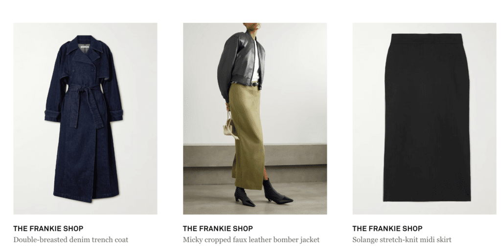Frankie Shop leather jacket, trench coat, and midi skirt