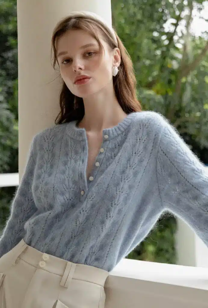 Woman in Petite Mohair Sweater Dusty Blue with white buttons