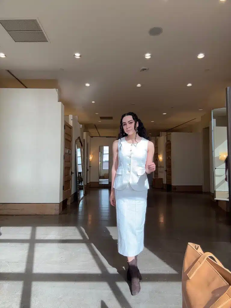 woman in white monochrome outfit from petite studio nyc