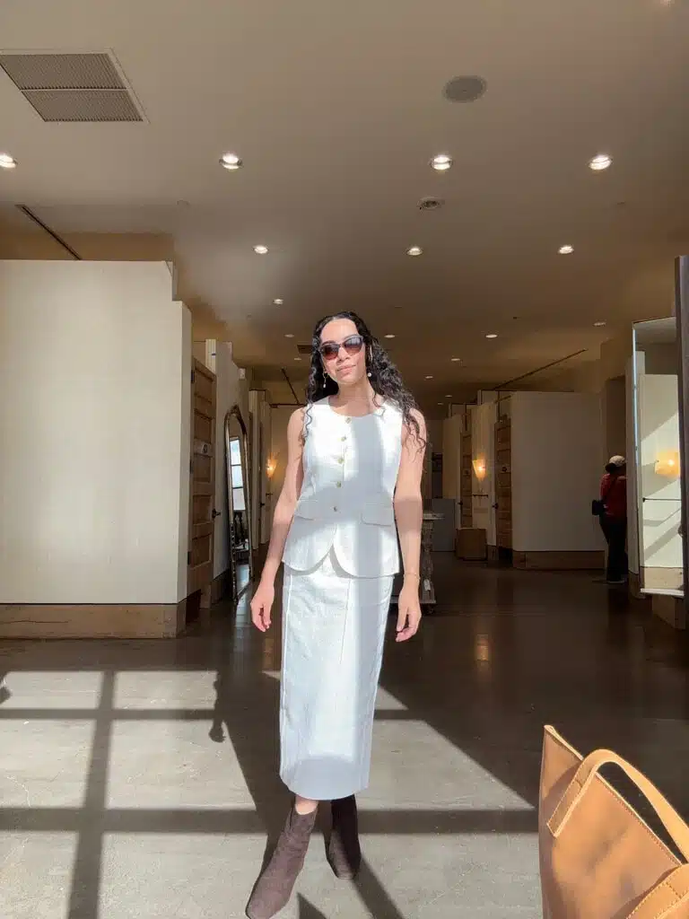 petite studio nyc review woman in linen matching vest and skirt set