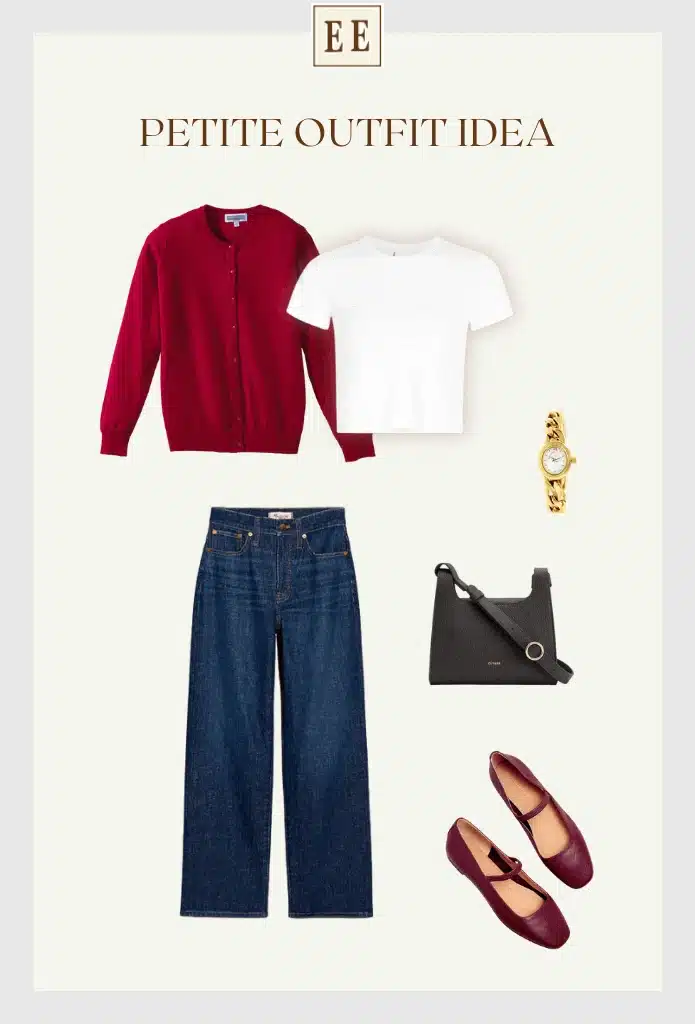 casual petite outfit idea with cropped white t-shirt and wide leg jeans