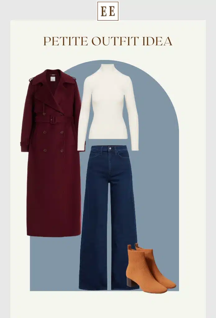 petite winter outfit idea with turtleneck , tailored belted coat , wide-leg jeans, and boots.